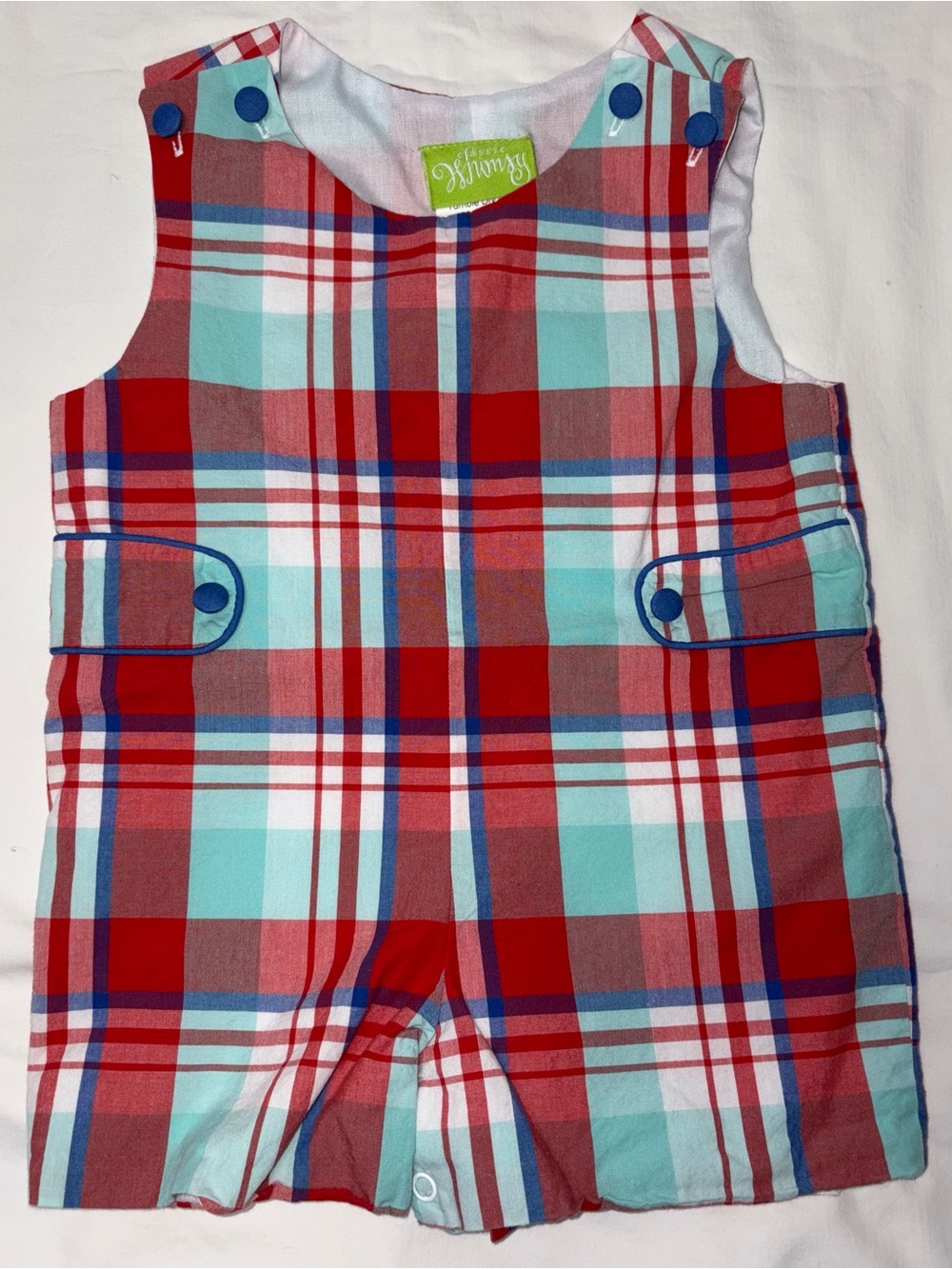 Classic Whimsy fully lined plaid Jon Jon with side tabs sz 9 months EUC